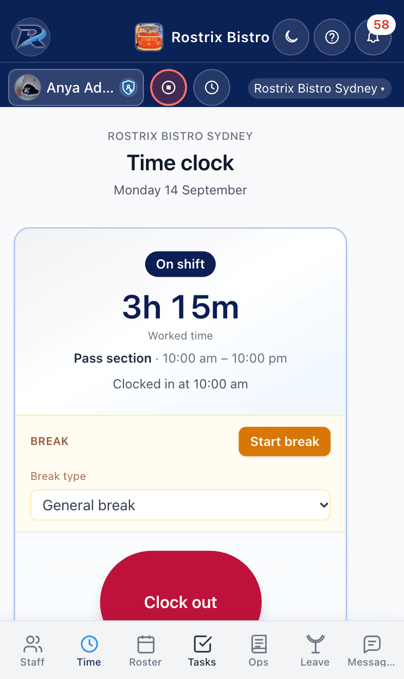On shift on mobile — Rostrix Bistro